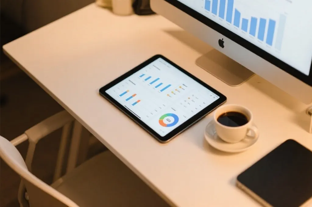A clean modern workspace with a tablet displaying a financial or statistical dashboard, a cup of coffee next to it, warm editorial lighting, top-down view